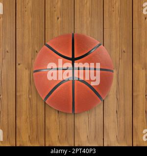 Basketball on the wood floor. top view. 3d render Stock Photo