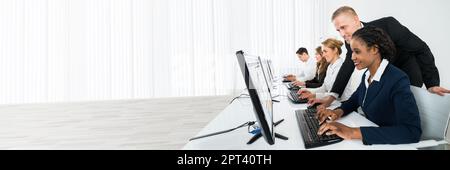 Happy Computer Training Staff People In Classroom Stock Photo