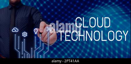 Text caption presenting Cloud Technology, Word Written on contract between a landlord and a business property tenants Businessman Holding Pen, Pointin Stock Photo