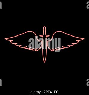 Neon wings and sword symbol cadets Winged blade weapon medieval age Warrior insignia Blazon bravary concept red color vector illustration image flat style Stock Vector