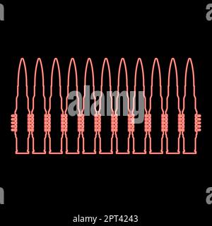 Neon bullets in row belt Machine gun cartridges Bandoleer War concept red color vector illustration image flat style Stock Vector