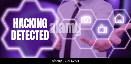 Hand writing sign Hacking Detected, Internet Concept activities that seek to compromise affairs are exposed Man With Hand Showing Homepage Giving Cruc Stock Photo