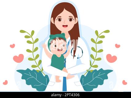Pediatrician Examines Sick Kids and Baby for Medical Development, Vaccination and Treatment in Flat Cartoon Hand Drawn Templates Illustration Stock Vector