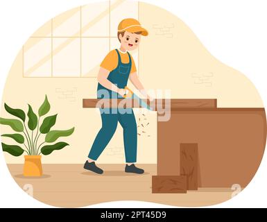 Woodworking with Wood Cutting by Modern Craftsman and Worker using Tools Set in Flat Cartoon Hand Drawn Template Illustration Stock Vector