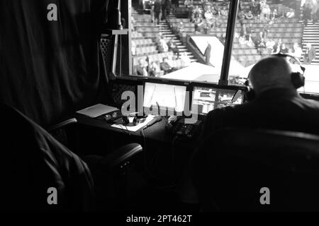 A general view inside of the commentary booth on day thirteen of the Cazoo World Snooker Championship at the Crucible Theatre, Sheffield. Picture date: Thursday April 27, 2023. Stock Photo