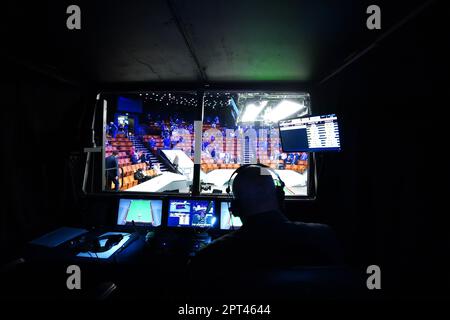 A general view inside of the commentary booth on day thirteen of the Cazoo World Snooker Championship at the Crucible Theatre, Sheffield. Picture date: Thursday April 27, 2023. Stock Photo