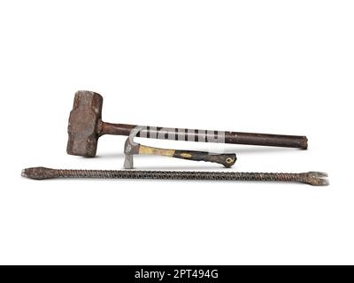 old hammer and old crowbar on a white background Stock Photo