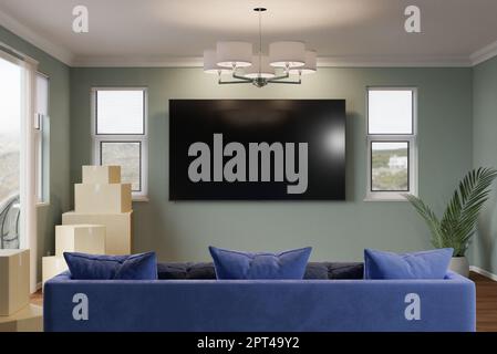 3D Illustration of Several Cardboard Moving Boxes, Couch Plant and Blank Wall Mounted TV in Room. Stock Photo