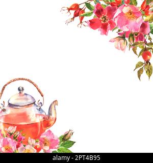 Teapot and rose flower. Hand drawn watercolor illustration isolated on ...