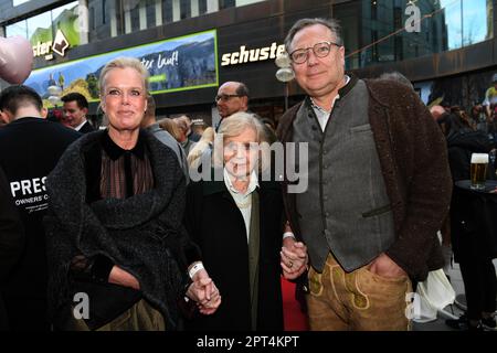 Munich, Germany. 27th Apr, 2023. Kirsten Kastalio, (l-r) Gundel Fuchsberger and Oliver Kastalio, CEO Rodenstock arrive at the opening of 'Der Spöckmeier' in downtown Munich. Credit: Felix Hörhager/dpa/Alamy Live News Stock Photo