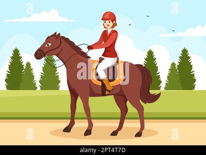 Equestrian Sport Horse Trainer with Training, Riding Lessons and Running Horses in Flat Cartoon Hand Drawn Template Illustration Stock Vector