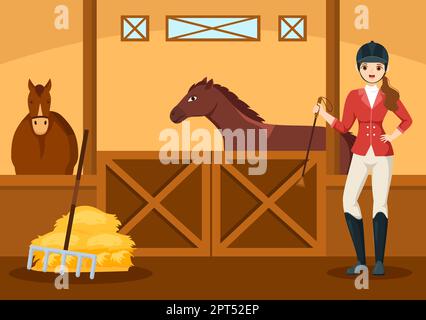 Equestrian Sport Horse Trainer with Training, Riding Lessons and Running Horses in Flat Cartoon Hand Drawn Template Illustration Stock Vector