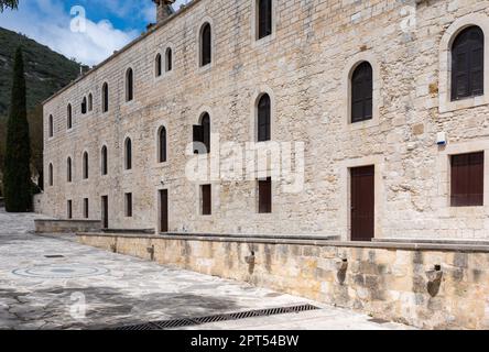 Susuz, Cyprus - March 27, 2023 - Facade and windows of the Saint Neophytos monastery Stock Photo