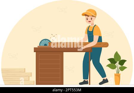 Woodworking with Wood Cutting by Modern Craftsman and Worker using Tools Set in Flat Cartoon Hand Drawn Template Illustration Stock Vector
