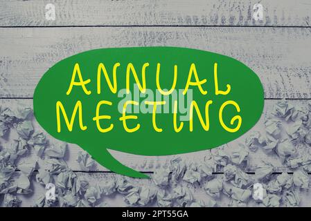 Writing displaying text Annual Meeting, Word for scheduled annually for the discussion of the business future Stock Photo