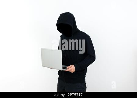 Man Standing With Laptop Presenting Cyber Security. Stock Photo