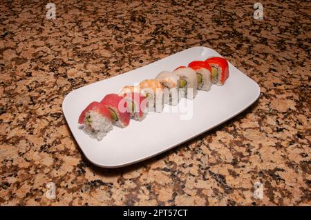 Traditional and authentic Japanese cusine know as a Sushi Roll Stock Photo