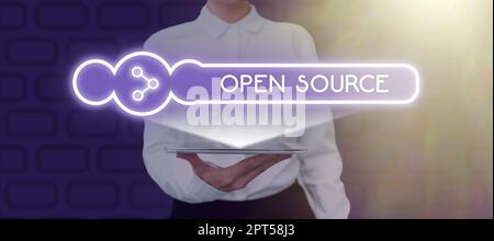Text caption presenting Open Source, Business showcase contains the source code that can be modified and enhanced Stock Photo