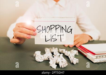Conceptual caption Shopping List, Internet Concept Discipline approach to shopping Basic Items to Buy Stock Photo