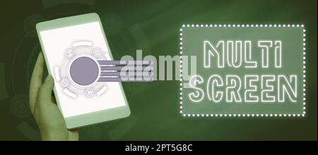 Text caption presenting Multi Screen, Business overview Having or involving several screen especially in a cinema Stock Photo