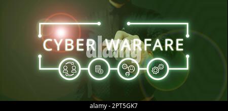 Sign displaying Cyber Warfare, Word for Virtual War Hackers System Attacks Digital Thief Stalker Stock Photo