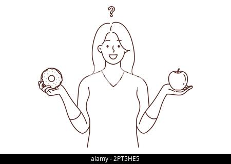 Smiling young woman choose between dessert and fruit. Happy female make choice between healthy and unhealthy food. Diet and nutrition. Vector illustra Stock Photo