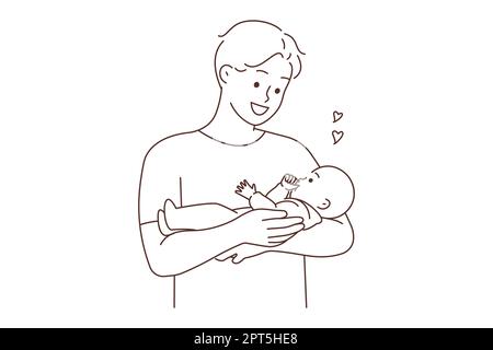 Smiling young father holding baby in arms showing love and care. Happy dad cuddle cute infant. Fatherhood and infantry. Vector illustration. Stock Photo