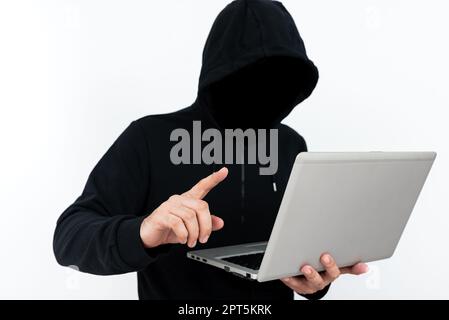 Man Standing With Laptop Presenting Cyber Security. Stock Photo