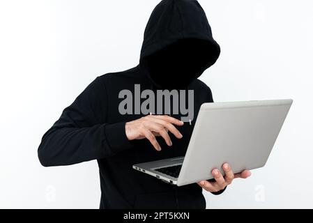 Man Standing With Laptop Presenting Cyber Security. Stock Photo