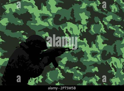American soldier silhouette on camouflage background with copy space. The concept of veterans day, memorial day. Vector image. Stock Photo