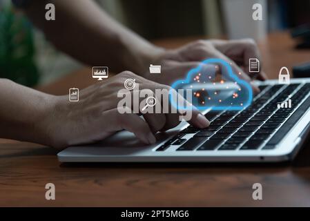 cloud computing digital Technology internet storage network big data system online.Hand using laptop virtual icon. Stock Photo