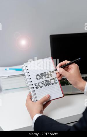 Text caption presenting Open Source, Conceptual photo contains the source code that can be modified and enhanced Stock Photo