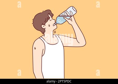 Thirsty young man suffer from heatstroke drinking water from bottle ...