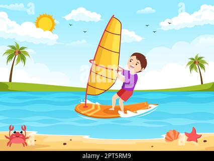 Windsurfing with Kids Standing on the Sailing Boat and Holding the Sail in Extreme Water Sport Flat Cartoon Hand Drawn Templates Illustration Stock Vector