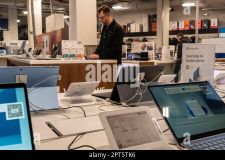 Various brands of personal computers on display in a Best Buy store in New York on Monday, April 10, 2023. Personal computer sales are reported  to have dropped 29% this first quarter with weak demand and excess inventory cited among the reasons.  (© Richard B. Levine) Stock Photo