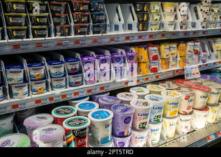 A selection of various brands of yogurt in a supermarket in New York on Wednesday, April 12, 2023. (© Richard B. Levine) Stock Photo