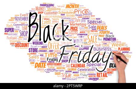 Big word cloud with words black friday with hand and pen. Stock Photo