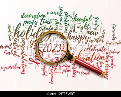 Big word cloud with new year 2023 words with magnifying glass. Stock Photo