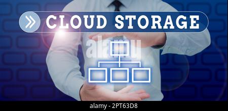 Hand writing sign Cloud Storage, Internet Concept computing connect devices to cloud data on remote storage Stock Photo