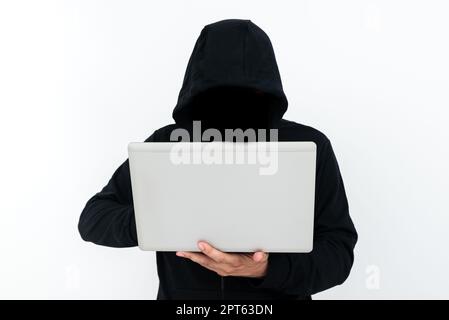 Man Standing With Laptop Presenting Cyber Security. Stock Photo