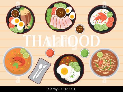 Traditional Thailand Food Template Cartoon Hand Drawn Illustration Various of Thai Cuisine Design Stock Vector