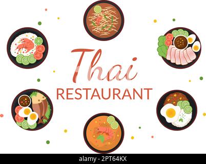 Traditional Thailand Food Template Cartoon Hand Drawn Illustration Various of Thai Cuisine Design Stock Vector