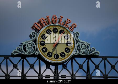 The clock atop the scoreboard at Oriole Park at Camden Yards is visible in  the first inning of a baseball game between the Baltimore Orioles and the  Boston Red Sox, Wednesday, April