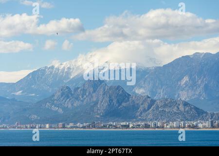 Sea and mountain snow cape clouds views, sea in Turkey Antalya City Stock Photo