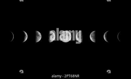 All phases of Moon: Waning Crescent, Third Quarter, Waning Gibbous, Full Moon, Waxing Gibbous, First Quarter and Waxing Crescent against black backgro Stock Photo