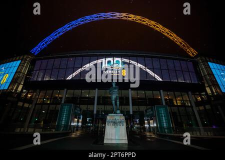 Wembley Stadium, London, UK. 27th April 2023. Night time view on the eve of the 100th birthday of England’s national stadium. Wembley Stadium marks it's centenary year with a changing display on the eve of it's 100th anniversary on 28th April. First opened in 1923, it has been home to some of the most historic and memorable moments of the last century. From the Olympics in 1948, the World Cup in 1966, Live Aid in 1985, to the Women’s EURO’s in 2022.  Photo by Amanda Rose/Alamy Live News Stock Photo