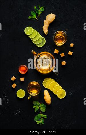 Composition with tonic drink with ginger, lemon, honey and mint Stock Photo