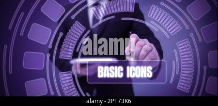 Text showing inspiration Basic Icons, Word for pictogram or ideogram displayed on a computer screen or phone Stock Photo