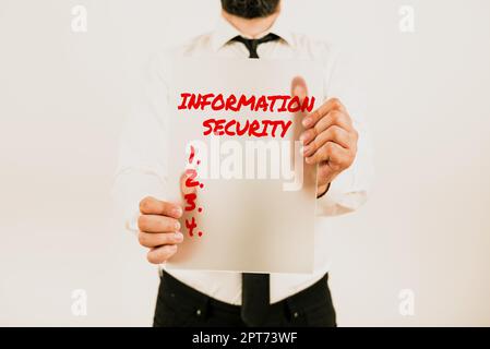 Hand writing sign Information Security, Word for INFOSEC Preventing Unauthorized Access Being Protected Stock Photo