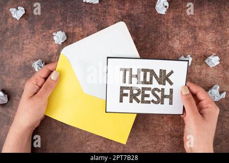 Conceptual display Think Fresh, Word for Thinking on natural ingredients Positive good environment Stock Photo